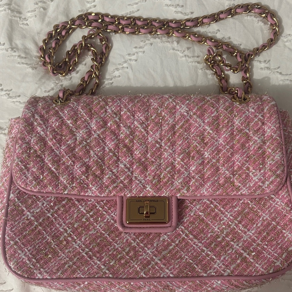 Karl Lagerfeld Pink and Gold Tweed Shoulder Bag
